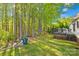 Serene backyard with mature trees, green lawn, and deck area at 1628 Rosegate Ln, Stanfield, NC 28163