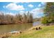 Lakeside backyard featuring a dock, lake views, an outdoor seating area, and grass at 233 Conifer Way, Shelby, NC 28150