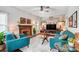 Inviting living room features stylish blue sofas, a brick fireplace, and unique decorative touches at 2510 Bricker Dr, Charlotte, NC 28273