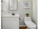 A quaint powder room features a single vanity, modern fixtures, and stylish decor, maximizing space and functionality at 4607 Crewe Hall Ln, Waxhaw, NC 28173