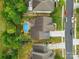 Aerial view of a home showcasing an in-ground pool, a well-manicured lawn, and mature trees at 1224 Screech Owl Rd, Waxhaw, NC 28173