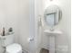 Clean, modern powder room with a pedestal sink, round mirror, and neutral decor at 1243 Pebble Grove Dr # 442, Clover, SC 29710