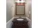 Powder room featuring dark wood vanity and framed mirror at 12604 Cardinal Point Rd, Charlotte, NC 28269