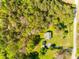 Bird's-eye view of a home with a fenced backyard, a shed, and surrounded by dense, green trees at 1849 Harris Rd, Fort Mill, SC 29708