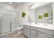 Bathroom featuring double sink vanity, stylish mirrors and lighting, a stand alone shower and neutral wall decor at 2248 Killian Creek Dr, Denver, NC 28037