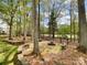 Backyard stone firepit area surrounded by retaining walls and lush trees at 6114 Abergele Ln, Matthews, NC 28104
