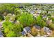 This aerial shot highlights a quiet residential street with homes nestled amongst mature trees and manicured lawns at 8619 Delamere Ln, Charlotte, NC 28269