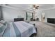 This main bedroom features tray ceilings, neutral carpet, a ceiling fan, seating, and good natural light at 128 Front Porch Dr, Rock Hill, SC 29732