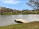Community lake view with a small wooden dock, grassy shore, and neighborhood homes in the background at 130 Villa Lake Dr, Fort Mill, SC 29708