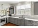 Elegant kitchen featuring gray cabinets, granite countertops, stainless steel appliances, and a large window with natural light at 19040 Mary Ardrey Cir, Cornelius, NC 28031