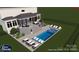 Aerial rendering of a backyard pool with a sun shelf, in-pool seating, surrounding lounge area, and patio dining at 19040 Mary Ardrey Cir, Cornelius, NC 28031