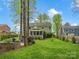 Enjoy the property's large backyard, featuring a patio, seating, screened porch, mature trees, and green space at 2812 Edgebrook Cir, Matthews, NC 28105