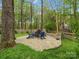 An inviting backyard firepit area with stone pavers and Adirondack chairs creates a cozy outdoor gathering space at 2812 Edgebrook Cir, Matthews, NC 28105