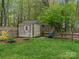Backyard shed with muted exterior and a small window nestled near a wooden fence and greenery at 2812 Edgebrook Cir, Matthews, NC 28105