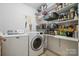 Well-stocked pantry with white shelving, and a washing machine and dryer at 2987 Irish St, Newton, NC 28658