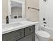 Bathroom featuring gray vanity, quartz counters, subway tile, and dark bronze fixtures at 6422 Chimney Bluff Rd, Lancaster, SC 29720