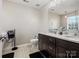 Bathroom with a double vanity, dark cabinets, wood-look tile floors, and a soaking tub at 10107 Atkins Ridge Dr, Charlotte, NC 28213