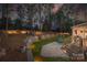 Scenic backyard showcasing a tiered patio with seating, surrounded by trees and professional landscape lighting at 10823 Preservation Park Dr, Charlotte, NC 28214