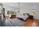 Bright bedroom with large windows, wood floors, area rug and a view to the back yard at 1212 Queens Rd, Charlotte, NC 28207
