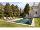 Inviting backyard with a modern rectangular pool and lounge chairs, set amongst manicured landscaping and mature trees at 1212 Queens Rd, Charlotte, NC 28207