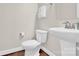 A stylish half bathroom features a pedestal sink, modern fixtures, and clean white toilet at 12424 Bradford Park Dr, Davidson, NC 28036