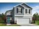 Charming two-story home featuring a stone foundation, a light blue door, a two car garage, and a manicured lawn at 142 Bellina Dr # 58, York, SC 29745