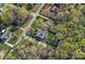 An aerial view features a home with a spacious yard, patio area, mature trees, and a long driveway at 235 Stafford Estates Dr, Salisbury, NC 28146