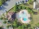 Aerial view of the community pool, surrounded by green space and trees near the parking lot at 526 Hunters Dance Rd, Fort Mill, SC 29708