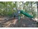 Community playground with a green slide and blue climbing equipment, surrounded by a wooded area at 528 Manchester Rd, Mount Gilead, NC 27306