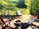 Charming lakeside retreat with a firepit area surrounded by Adirondack chairs, perfect for enjoying evenings by the water at 113 Hidden Ln, Mooresville, NC 28117