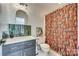 Charming bathroom with modern vanity, gold accents, and a shower with a patterned curtain at 2175 Highwood Rd, Rock Hill, SC 29732