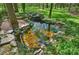 Backyard pond with small waterfall surrounded by rocks and foliage at 2605 Winding Oak Dr, Charlotte, NC 28270