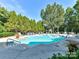 Community pool surrounded by mature trees, lounge chairs, and tables with umbrellas at 637 Williamson Rd # 304, Mooresville, NC 28117