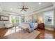 Spacious main bedroom featuring hardwood floors, a ceiling fan, and a trey ceiling with natural light at 125 Trent Pines Dr, Mooresville, NC 28117