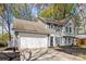 Charming two-story home with gray siding, blue shutters, mature trees, and a well-manicured front yard at 2439 Heathershire Ln, Matthews, NC 28105