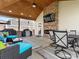 Inviting covered outdoor living space with fireplace, dining area, and comfortable seating at 3020 Salmon River Dr, Monroe, NC 28110