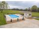 Aerial view of the pool with outdoor seating and landscaped backyard extending to a green field at 3452 Flat Creek Rd, Lancaster, SC 29720