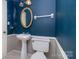 Powder room featuring a pedestal sink, white toilet, oval mirror, and blue wallpaper at 6005 Fringe Tree Dr, Charlotte, NC 28227