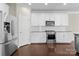 Modern kitchen featuring stainless steel appliances, white cabinetry, and granite countertops at 6619 Portland Rose Ln, Charlotte, NC 28210