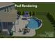 Rendering of a backyard pool with seating, umbrellas, a table and chairs, with the house visible at 704 Fresia Dr, Tega Cay, SC 29708