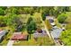 Aerial view of a property featuring a spacious yard, mature trees, and a serene residential setting at 110 Tanglewood Dr, Kannapolis, NC 28081