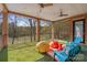 Covered balcony area with outdoor seating, artificial grass, and golf course views at 1754 Brawley School Rd, Mooresville, NC 28117
