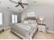 Calming main bedroom featuring a neutral color palette, patterned bedding and vaulted ceiling at 5301 Greyfriar Ct, Waxhaw, NC 28173