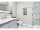 Elegant bathroom with marble countertop, tiled floors, and modern fixtures at 7034 Leaves Ln, Charlotte, NC 28213
