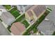 Aerial view of backyard with patio furniture, green lawns and detached garages with surrounding neighborhood homes at 1117 Cedar Park Dr, Pineville, NC 28134