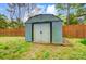 Outdoor metal storage shed with double doors in backyard with wood fence at 1212 Robinhood Cir, Charlotte, NC 28227