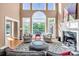 Elegant living room boasting soaring ceilings, large windows, a fireplace, and stylish furnishings at 338 Fairfield Ct, Mount Gilead, NC 27306
