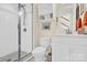 Bathroom featuring a glass-enclosed shower, white vanity, and tiled floors at 345 Somerled Way, Waxhaw, NC 28173