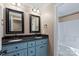Bathroom featuring double sinks, dark countertops, modern fixtures, and blue vanity at 4231 Brushy Knl, York, SC 29745