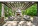 Underneath the pergola find an outdoor sitting area with a stone fireplace and comfortable lounge furniture at 1029 Seminole Dr, Waxhaw, NC 28173